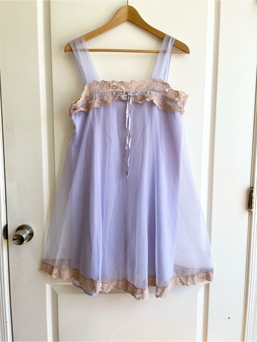 VTG Union Made 60s Purple Sheer Overlay Lace-Trim Babydoll Nightgown M Dreamy